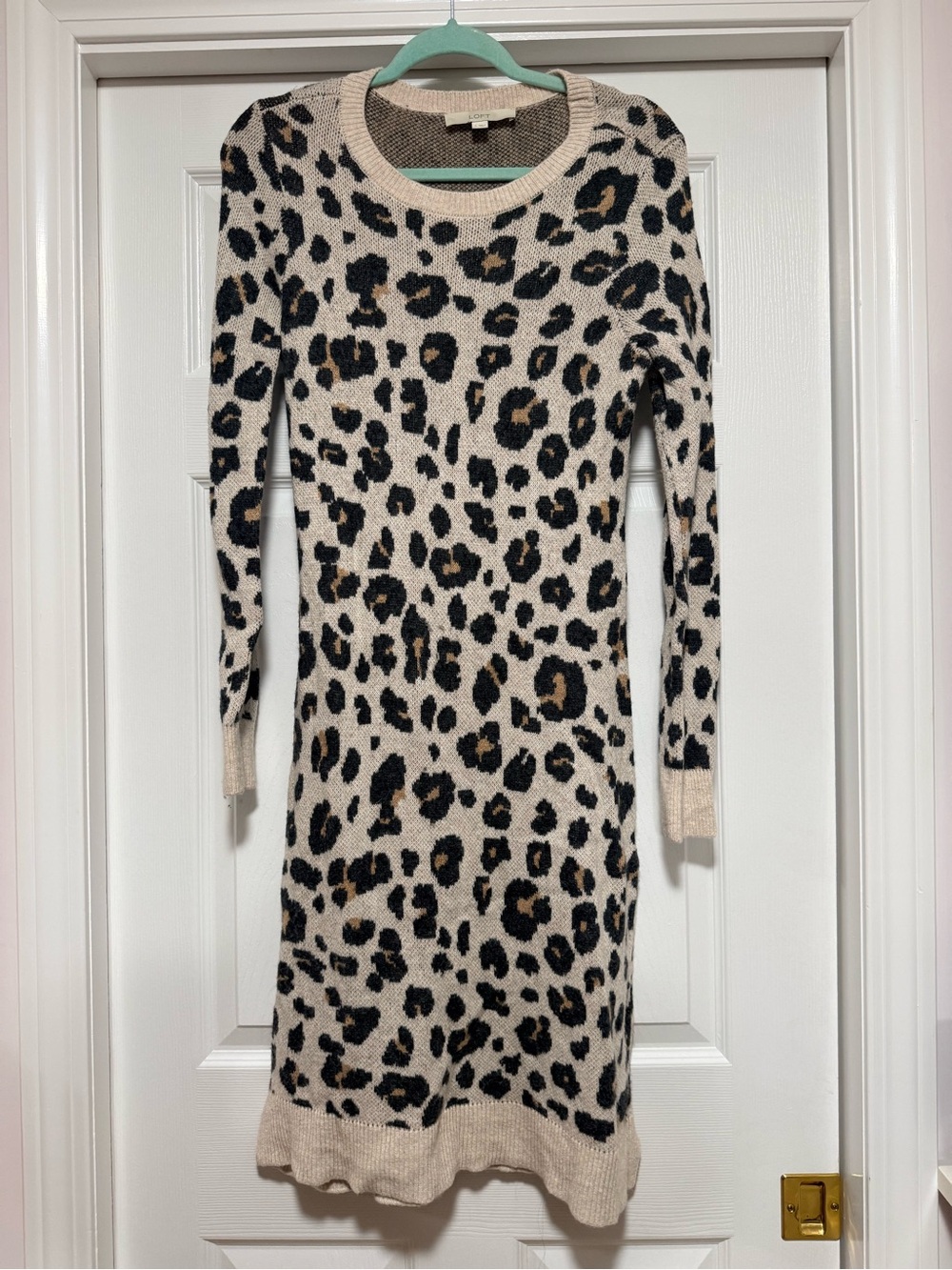 LOFT Beige Leopard Print Long Sleeve Knit Dress